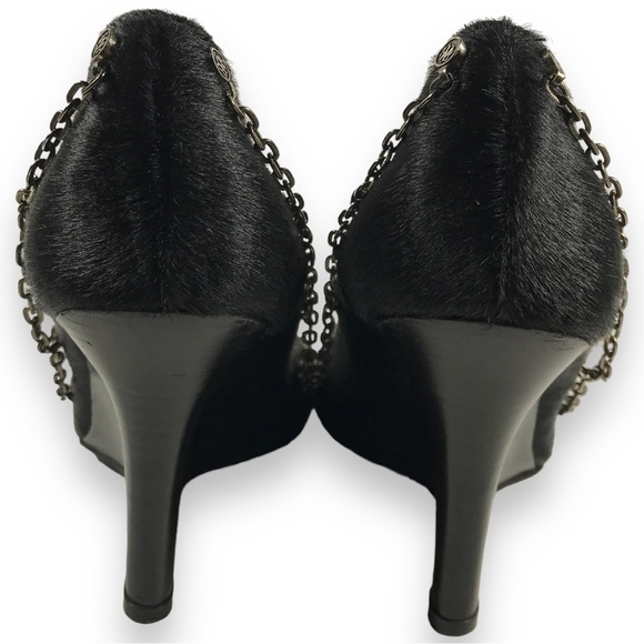 Rock & Republic Pointed Toe Fur Wrap Around Chained Logo Wedge Black Size EU 36 - Picture 12 of 15